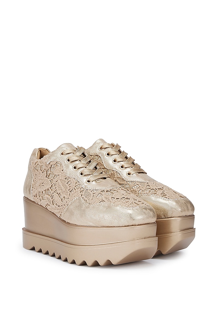 Gold Lace & PU Hand Embroidered Sneakers by Anaar at Pernia's Pop Up Shop