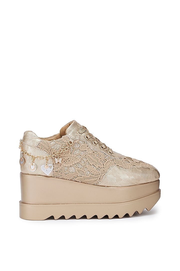 Gold Lace & PU Hand Embroidered Sneakers by Anaar at Pernia's Pop Up Shop