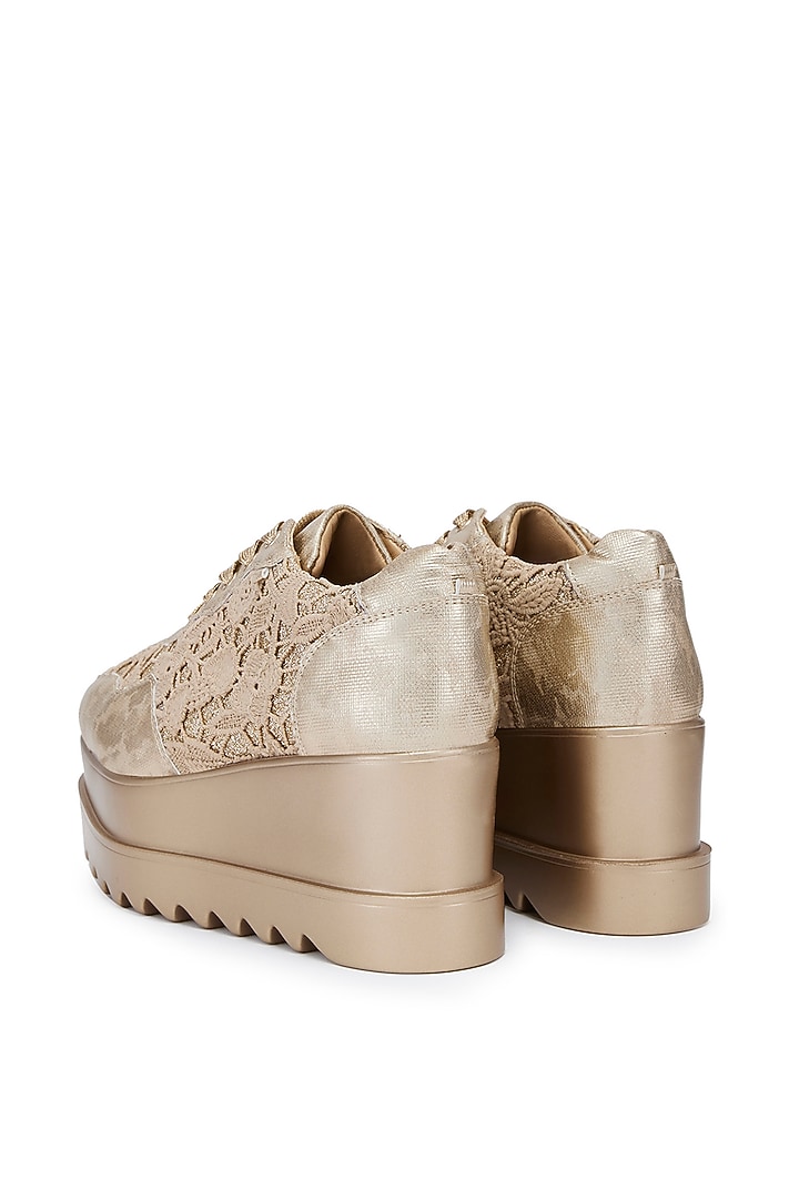 Gold Lace & PU Hand Embroidered Sneakers by Anaar at Pernia's Pop Up Shop