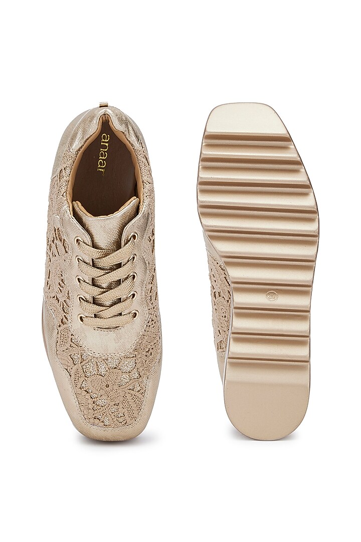Gold Lace & PU Hand Embroidered Sneakers by Anaar at Pernia's Pop Up Shop