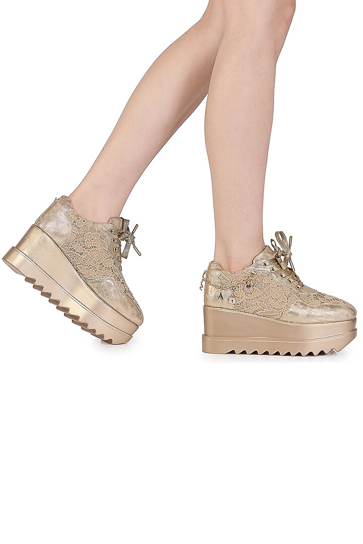 Gold Lace & PU Hand Embroidered Sneakers by Anaar at Pernia's Pop Up Shop