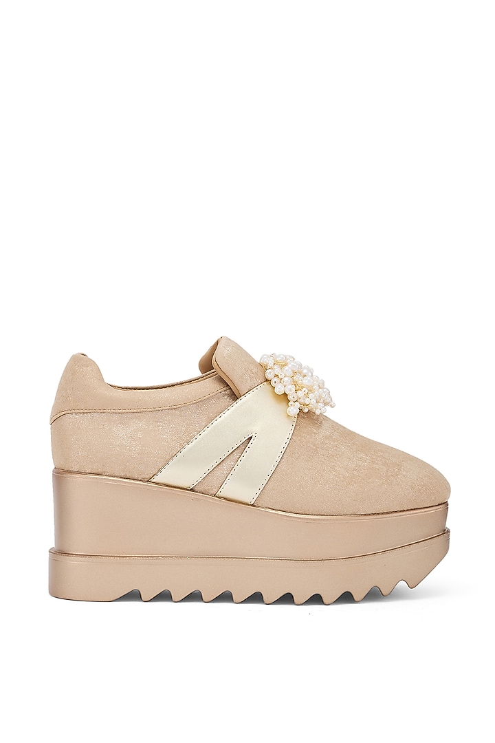 Gold Foiled Milano Satin & Metallic PU Hand Embroidered Wedge Sneakers by Anaar at Pernia's Pop Up Shop