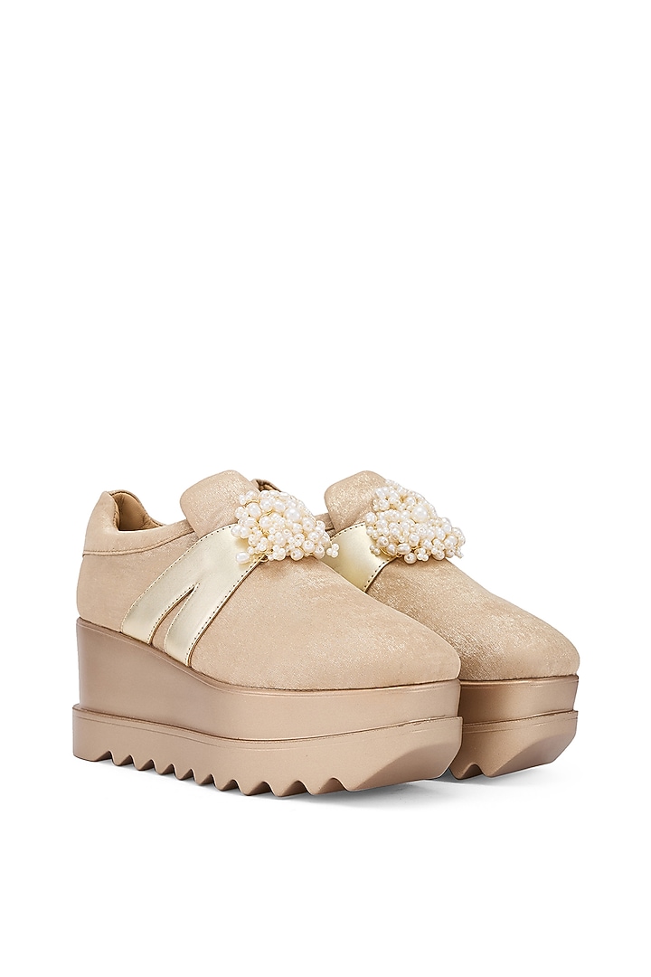 Gold Foiled Milano Satin & Metallic PU Hand Embroidered Wedge Sneakers by Anaar at Pernia's Pop Up Shop