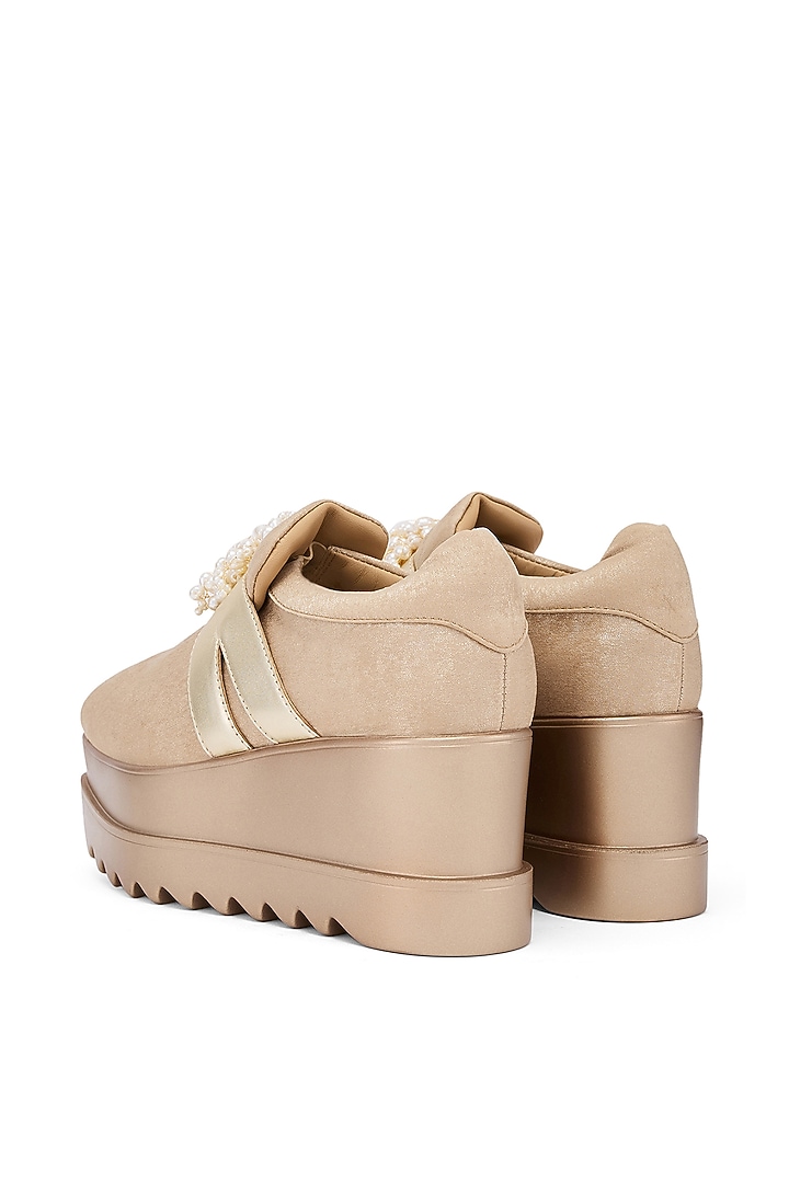 Gold Foiled Milano Satin & Metallic PU Hand Embroidered Wedge Sneakers by Anaar at Pernia's Pop Up Shop