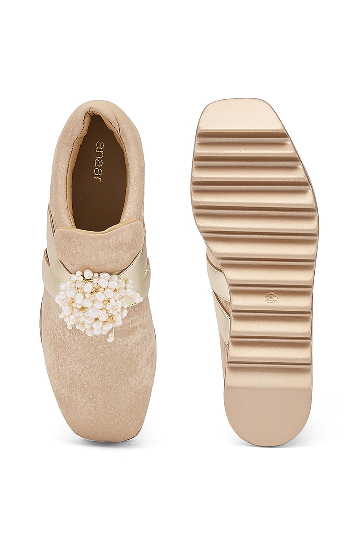 Gold Foiled Milano Satin & Metallic PU Hand Embroidered Wedge Sneakers by Anaar at Pernia's Pop Up Shop