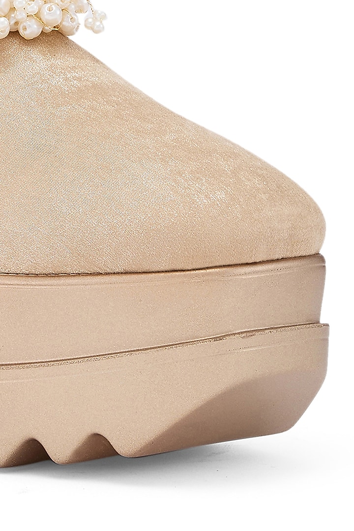 Gold Foiled Milano Satin & Metallic PU Hand Embroidered Wedge Sneakers by Anaar at Pernia's Pop Up Shop