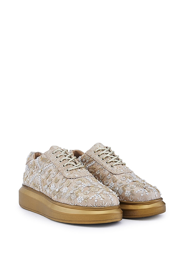 Gold Foiled Milano Satin Sequins Hand Embroidered Sneakers by Anaar at Pernia's Pop Up Shop