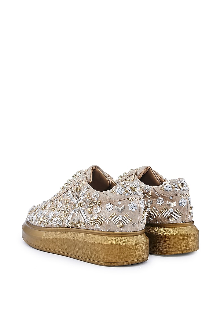 Gold Foiled Milano Satin Sequins Hand Embroidered Sneakers by Anaar at Pernia's Pop Up Shop