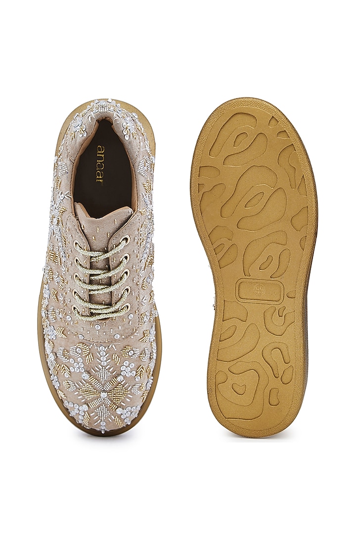 Gold Foiled Milano Satin Sequins Hand Embroidered Sneakers by Anaar at Pernia's Pop Up Shop