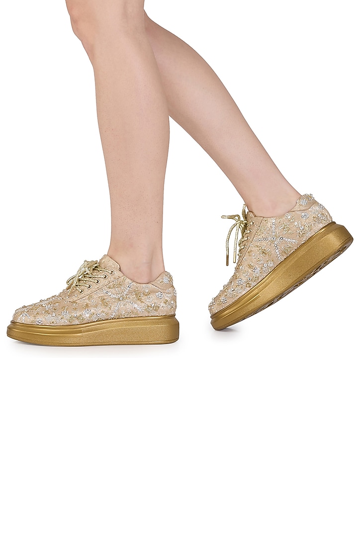 Gold Foiled Milano Satin Sequins Hand Embroidered Sneakers by Anaar at Pernia's Pop Up Shop