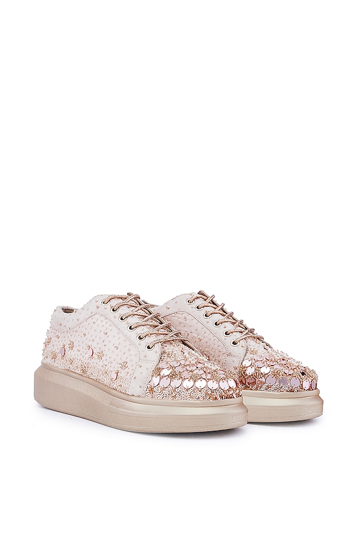 Rose Gold Foiled Milano Satin Sequins Hand Embroidered Sneakers by Anaar at Pernia's Pop Up Shop