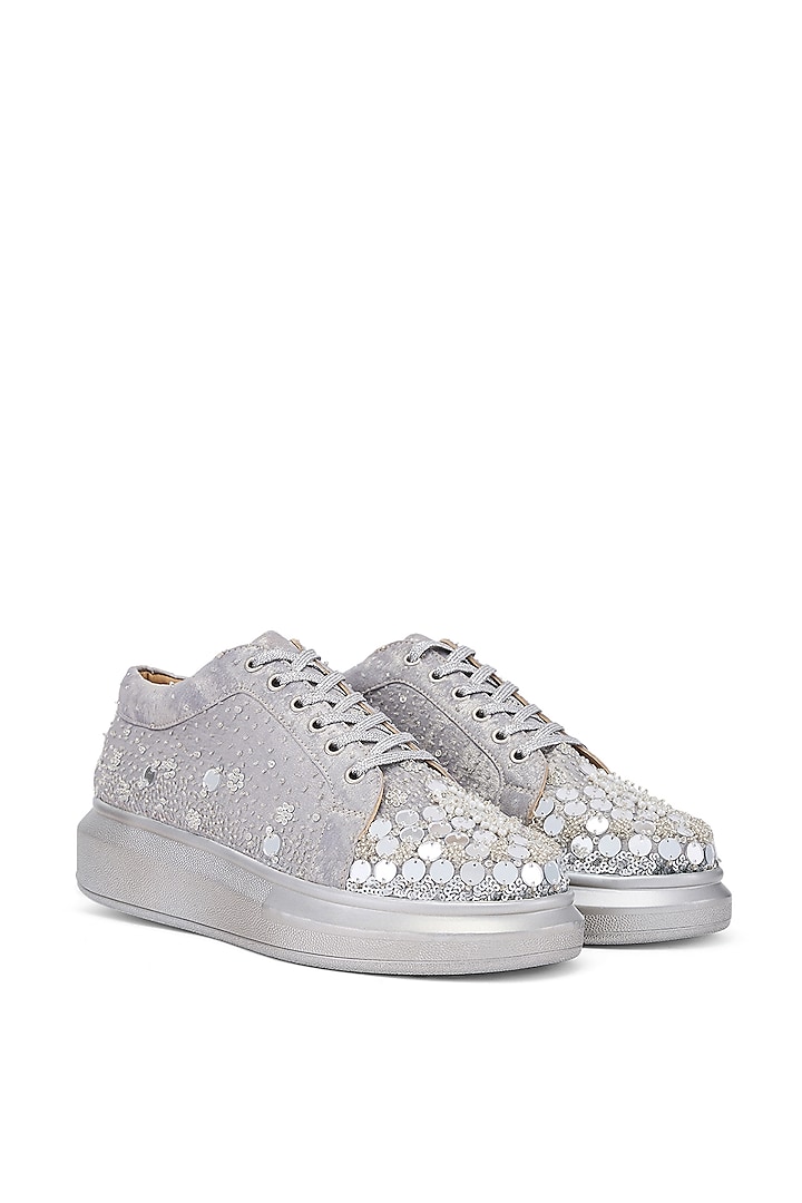 Silver Foiled Milano Satin Sequins & Cutdana Embroidered Sneakers by Anaar at Pernia's Pop Up Shop