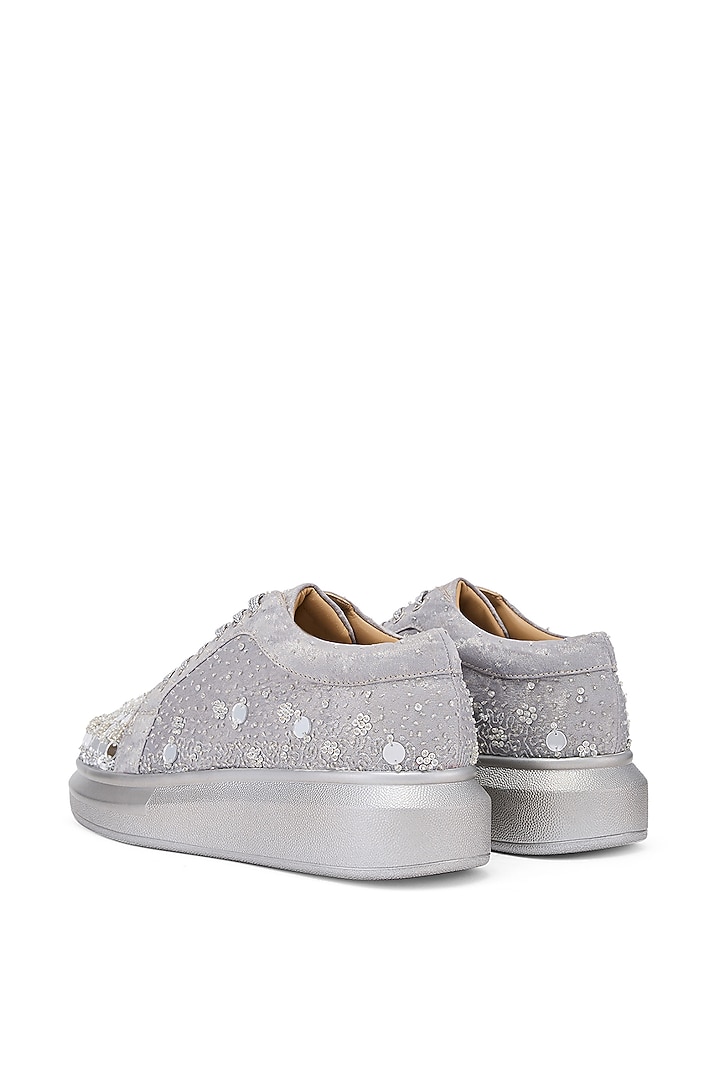 Silver Foiled Milano Satin Sequins & Cutdana Embroidered Sneakers by Anaar at Pernia's Pop Up Shop
