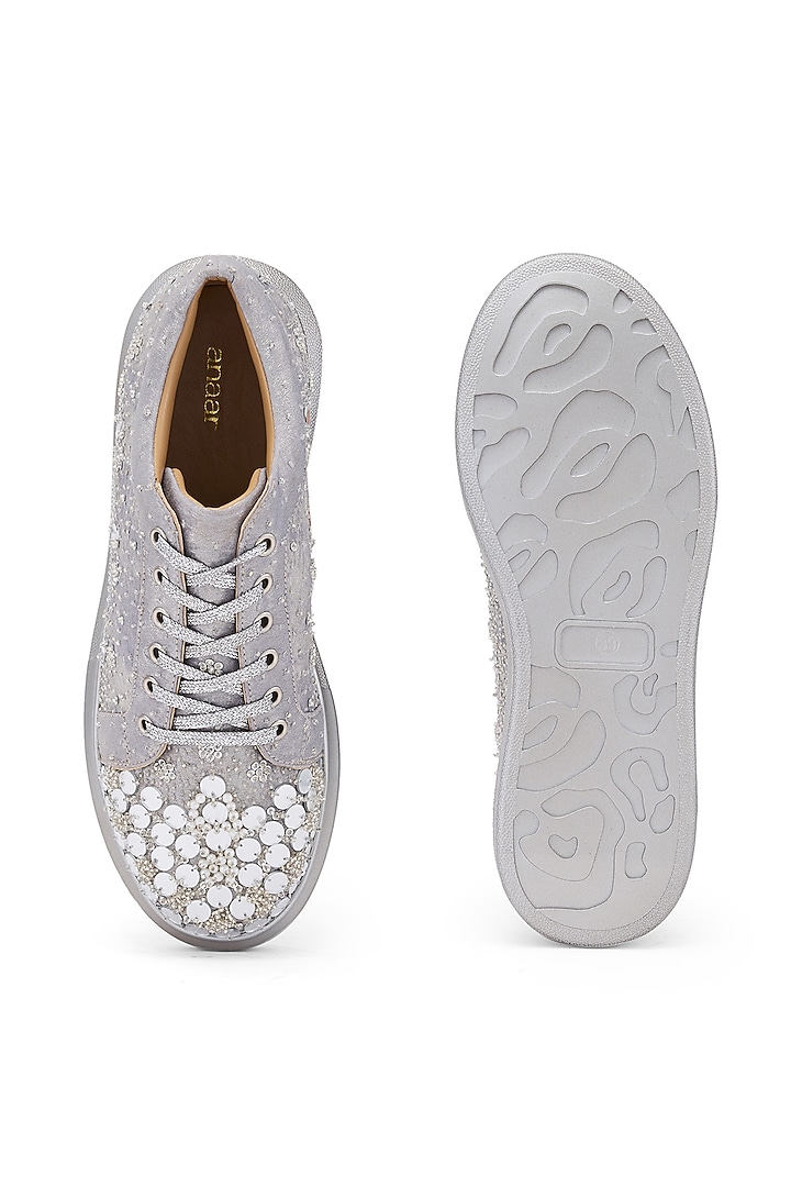 Silver Foiled Milano Satin Sequins & Cutdana Embroidered Sneakers by Anaar at Pernia's Pop Up Shop