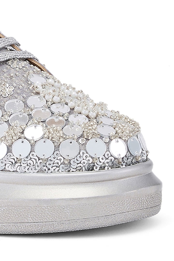 Silver Foiled Milano Satin Sequins & Cutdana Embroidered Sneakers by Anaar at Pernia's Pop Up Shop