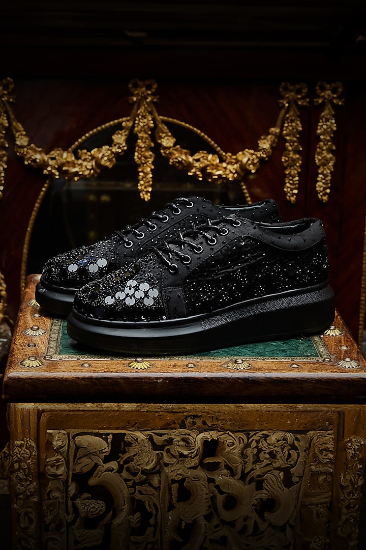 Black Satin Cutdana Hand Embroidered Sneakers by Anaar at Pernia's Pop Up Shop