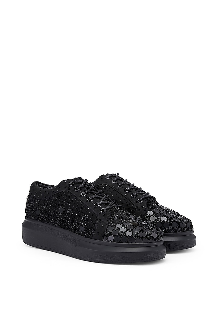 Black Satin Cutdana Hand Embroidered Sneakers by Anaar at Pernia's Pop Up Shop