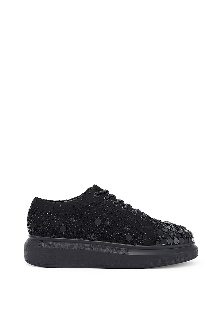 Black Satin Cutdana Hand Embroidered Sneakers by Anaar at Pernia's Pop Up Shop