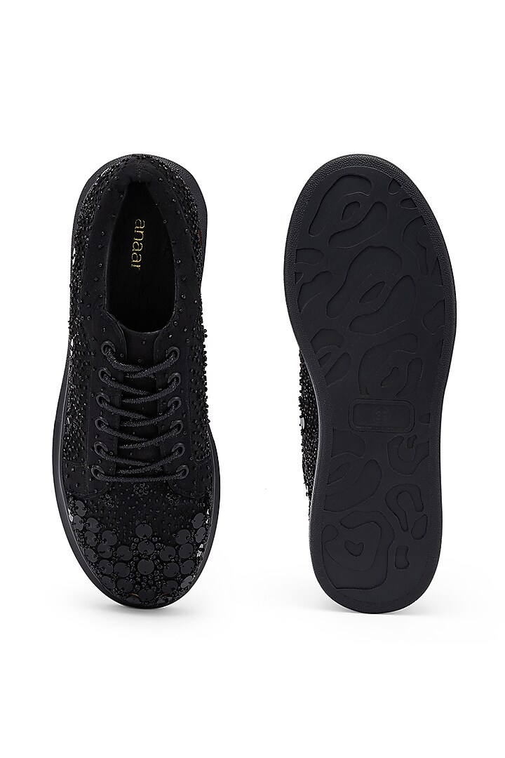 Black Satin Cutdana Hand Embroidered Sneakers by Anaar at Pernia's Pop Up Shop