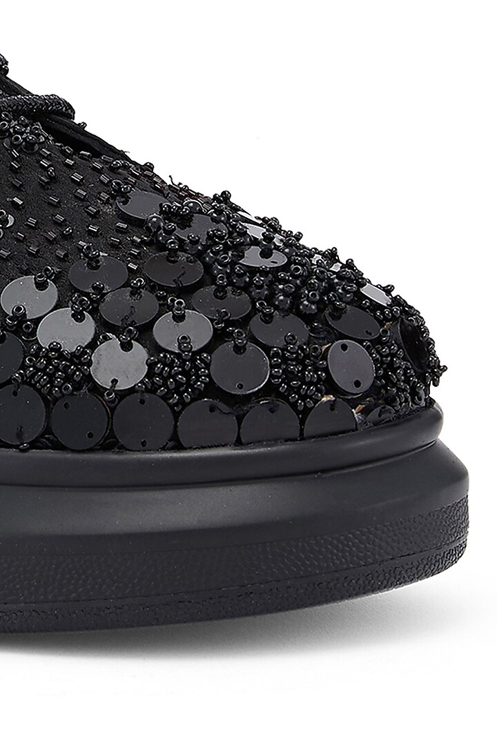 Black Satin Cutdana Hand Embroidered Sneakers by Anaar at Pernia's Pop Up Shop