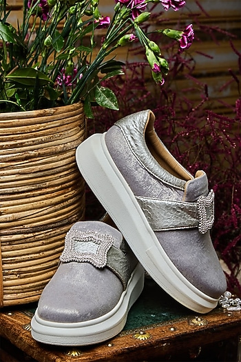 Silver Foiled Milano Satin Hand Embroidered Sneakers by Anaar at Pernia's Pop Up Shop