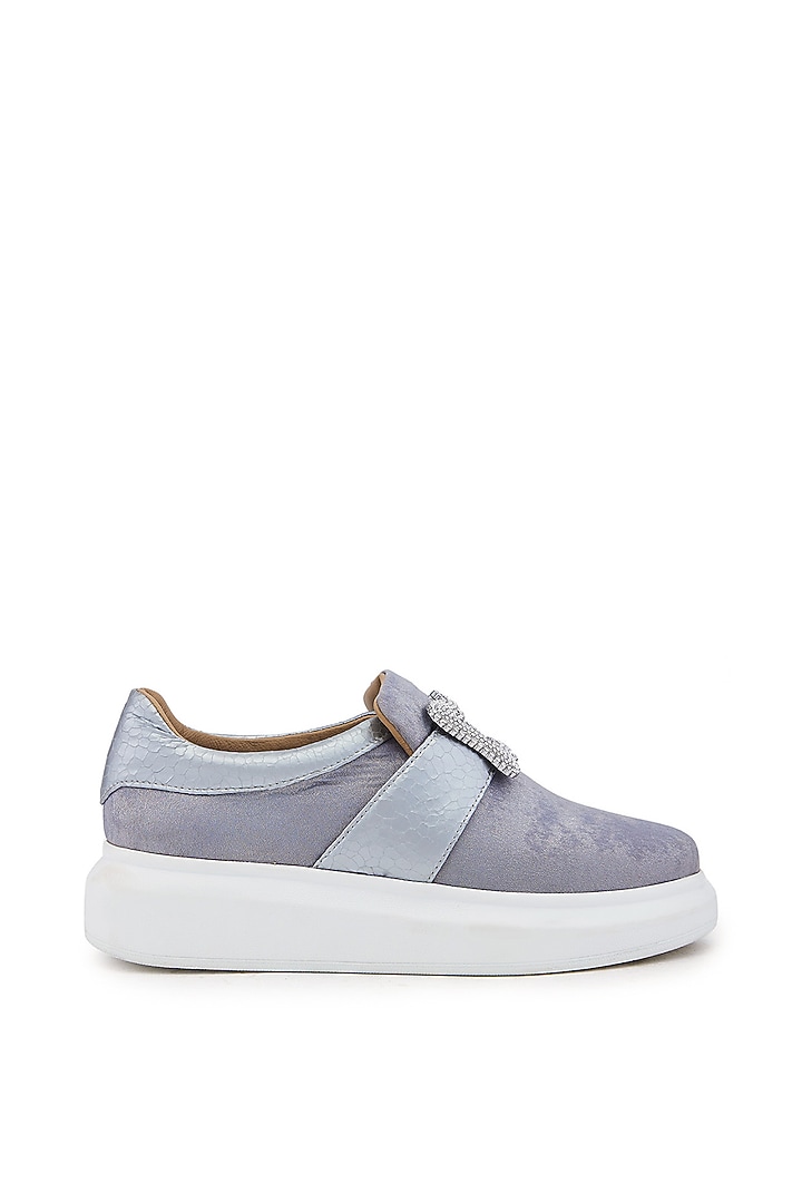 Silver Foiled Milano Satin Hand Embroidered Sneakers by Anaar at Pernia's Pop Up Shop