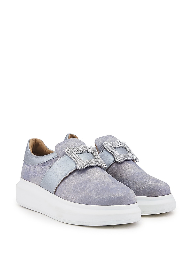 Silver Foiled Milano Satin Hand Embroidered Sneakers by Anaar at Pernia's Pop Up Shop