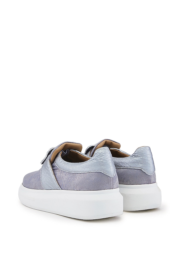 Silver Foiled Milano Satin Hand Embroidered Sneakers by Anaar at Pernia's Pop Up Shop