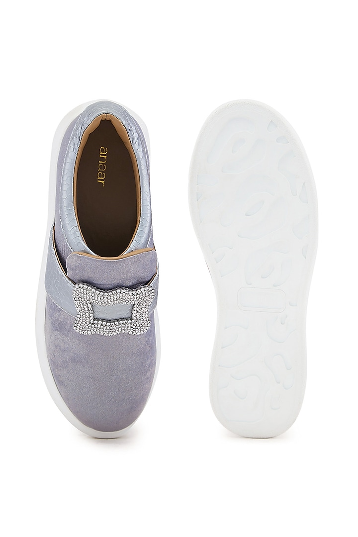 Silver Foiled Milano Satin Hand Embroidered Sneakers by Anaar at Pernia's Pop Up Shop