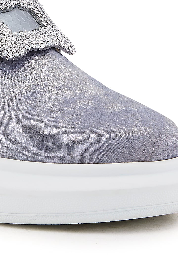 Silver Foiled Milano Satin Hand Embroidered Sneakers by Anaar at Pernia's Pop Up Shop