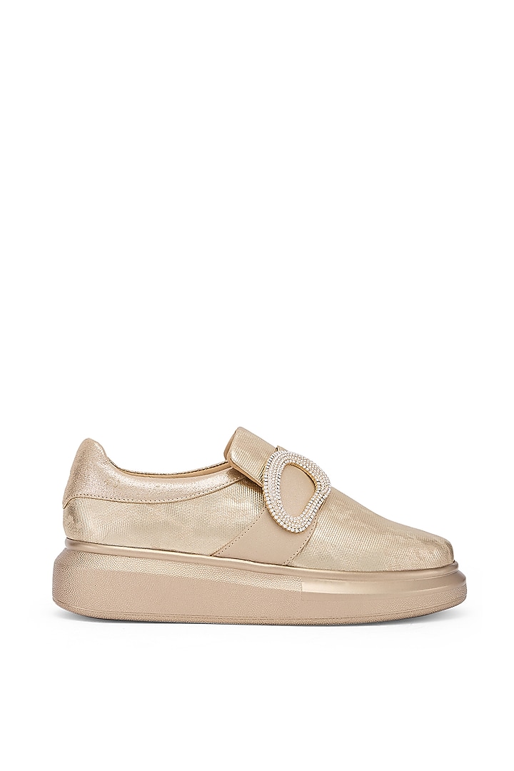 Gold PU Hand Embroidered Sneakers by Anaar at Pernia's Pop Up Shop