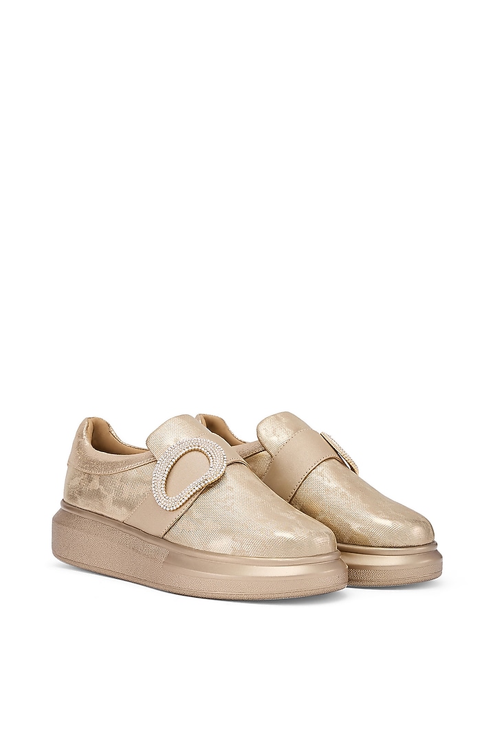 Gold PU Hand Embroidered Sneakers by Anaar at Pernia's Pop Up Shop