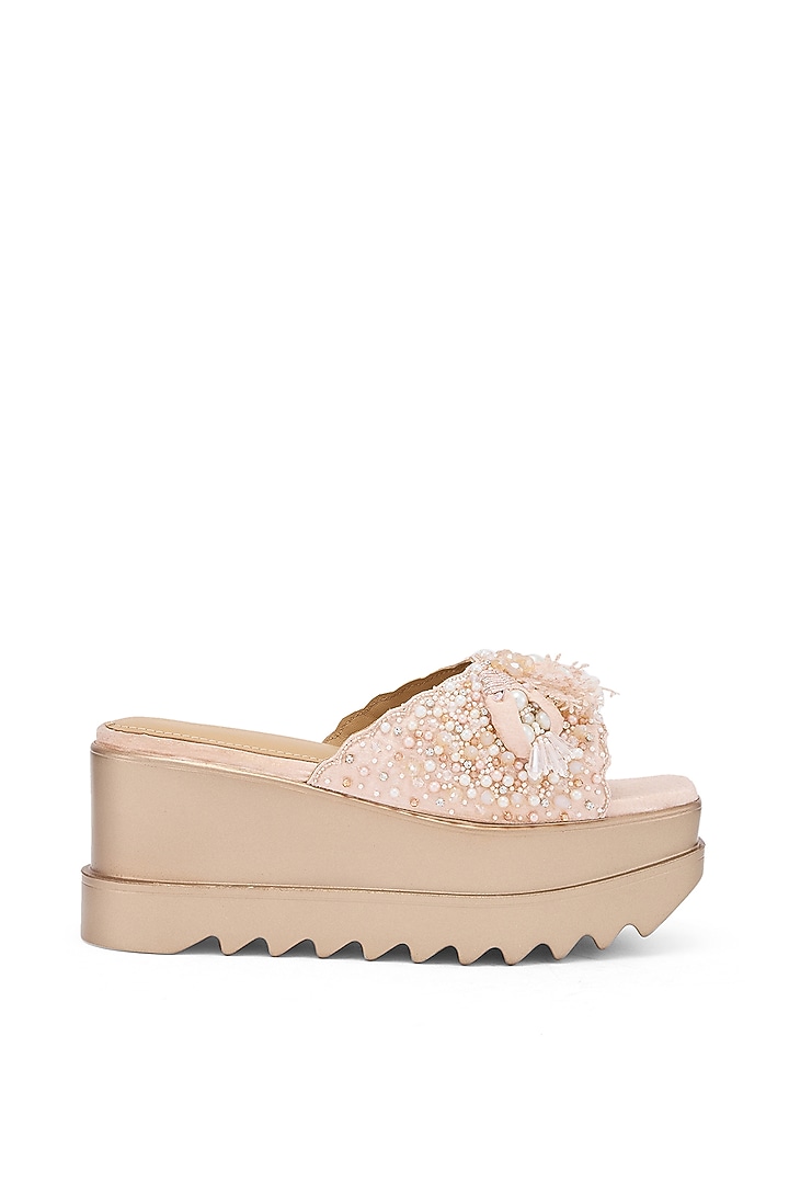 Rose Gold Foiled Milano Satin Pitta Hand Embroidered Sneakers by Anaar at Pernia's Pop Up Shop