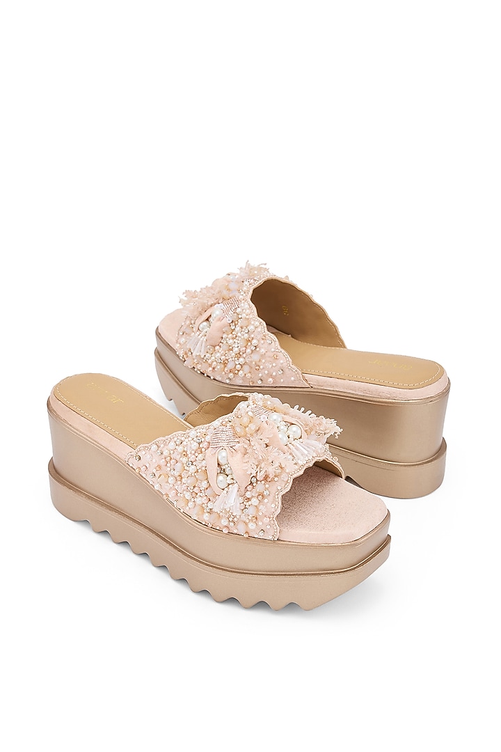 Rose Gold Foiled Milano Satin Pitta Hand Embroidered Sneakers by Anaar at Pernia's Pop Up Shop