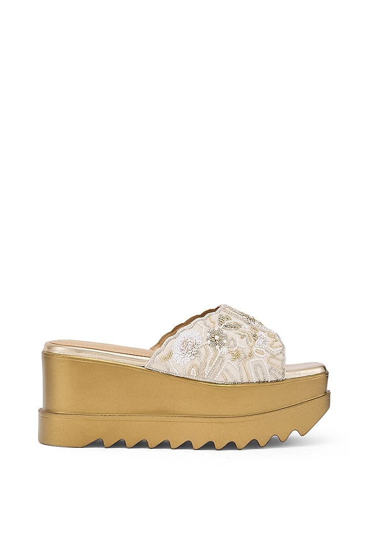 Off-White Striped Chiffon Cutdana Hand Embroidered Wedges by Anaar at Pernia's Pop Up Shop