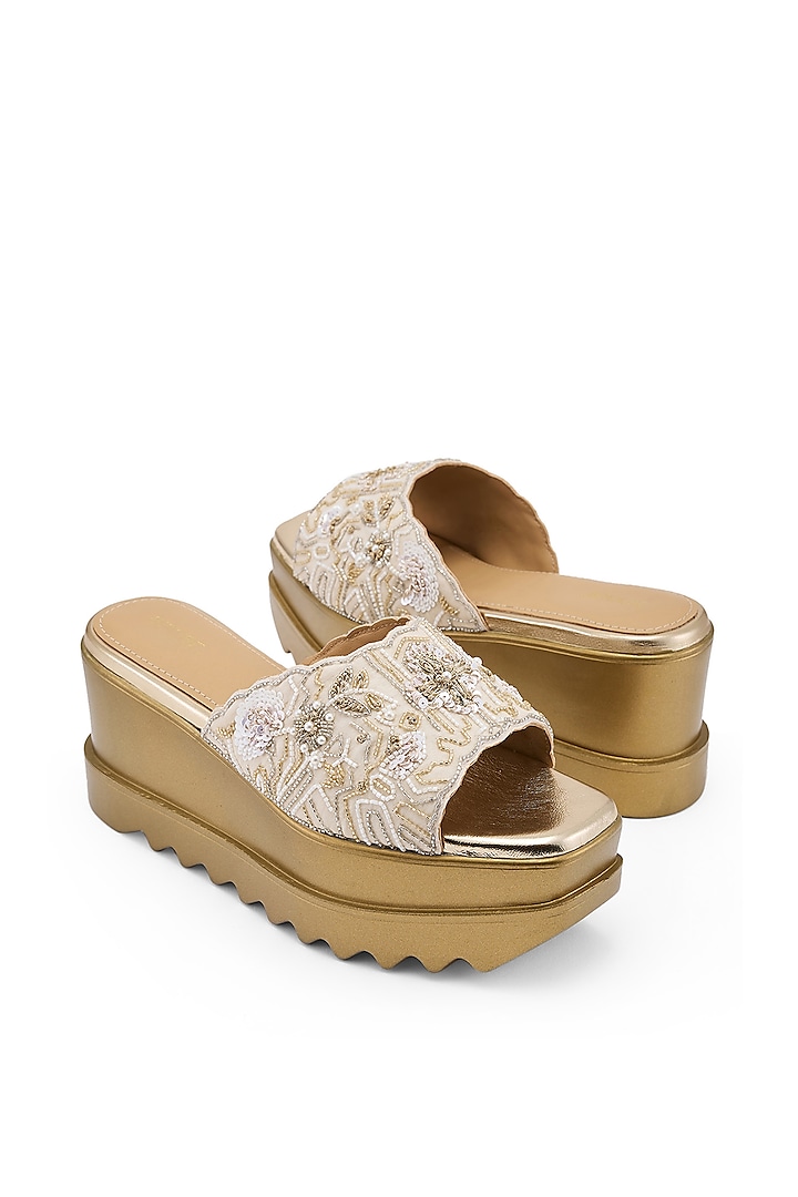 Off-White Striped Chiffon Cutdana Hand Embroidered Wedges by Anaar at Pernia's Pop Up Shop