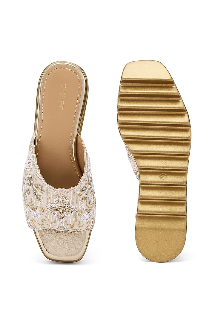 Off-White Striped Chiffon Cutdana Hand Embroidered Wedges by Anaar at Pernia's Pop Up Shop