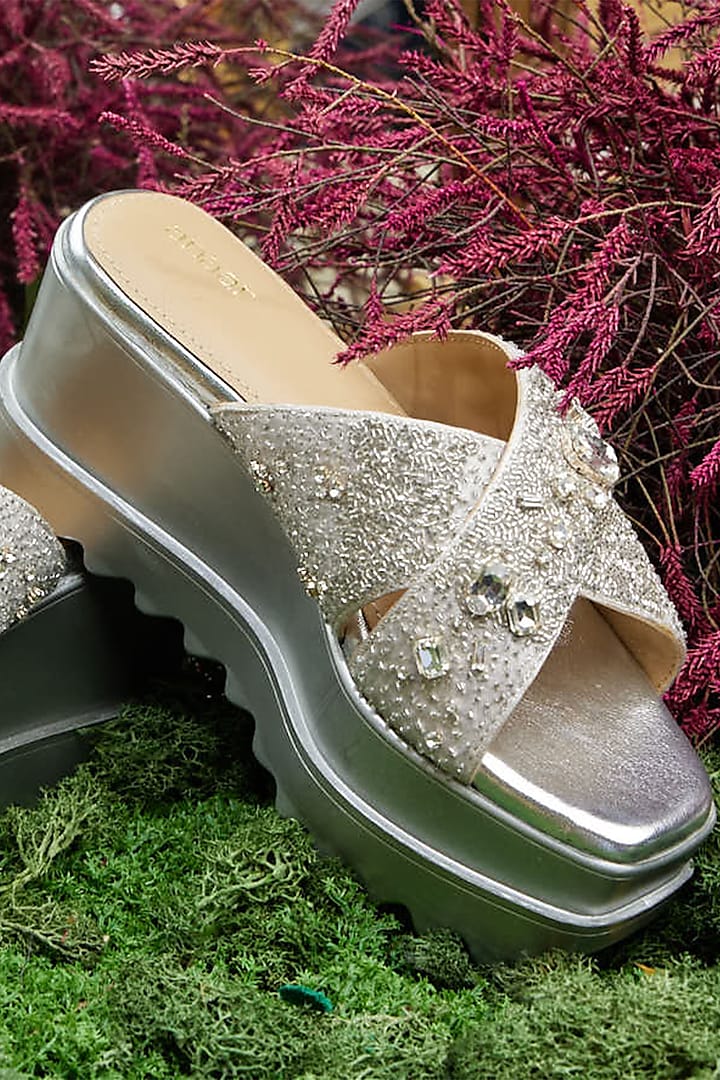 Silver Satin Zardosi Hand Embroidered Wedges by Anaar at Pernia's Pop Up Shop