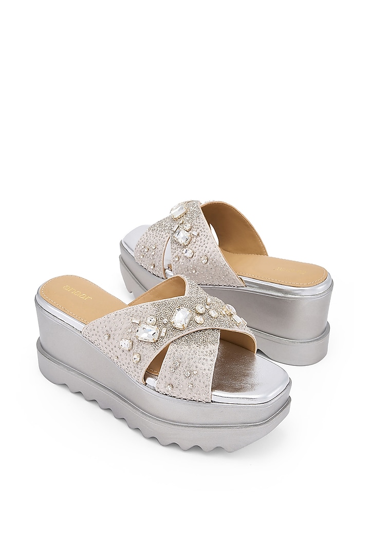 Silver Satin Zardosi Hand Embroidered Wedges by Anaar at Pernia's Pop Up Shop