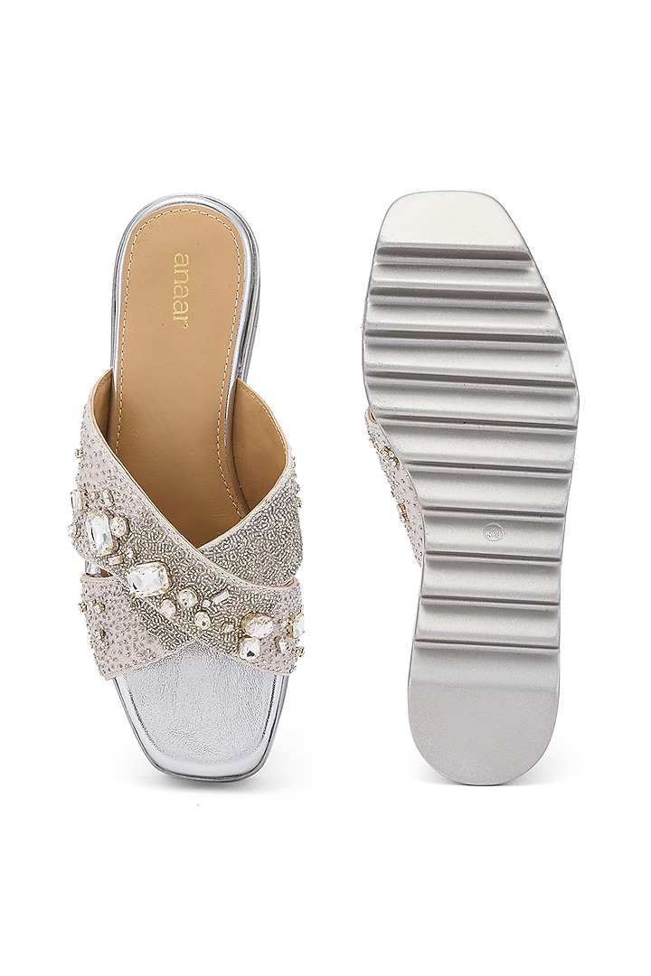 Silver Satin Zardosi Hand Embroidered Wedges by Anaar at Pernia's Pop Up Shop