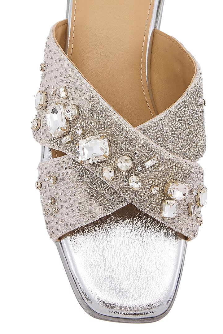 Silver Satin Zardosi Hand Embroidered Wedges by Anaar at Pernia's Pop Up Shop