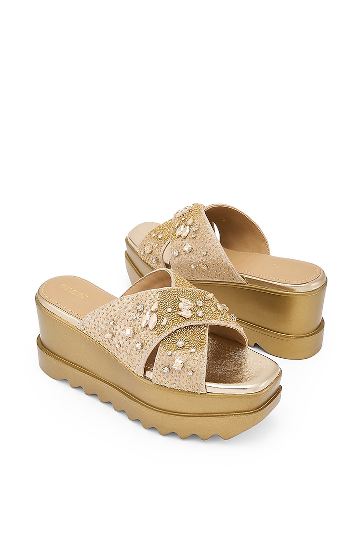 Gold Foiled Milano Satin Hand Embellished Wedges by Anaar at Pernia's Pop Up Shop