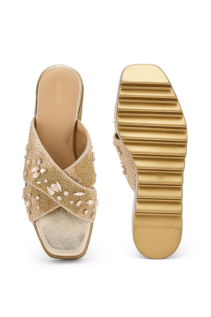 Gold Foiled Milano Satin Hand Embellished Wedges by Anaar at Pernia's Pop Up Shop