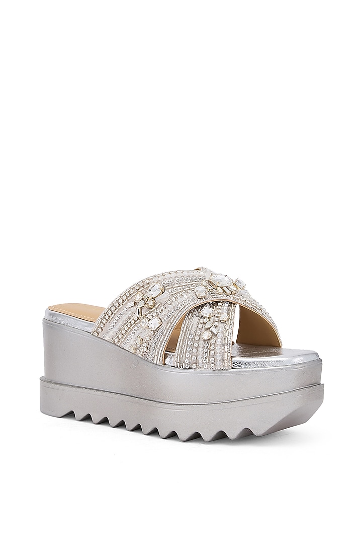 Silver Satin & Gajji Zardosi Hand Embroidered Wedges by Anaar at Pernia's Pop Up Shop