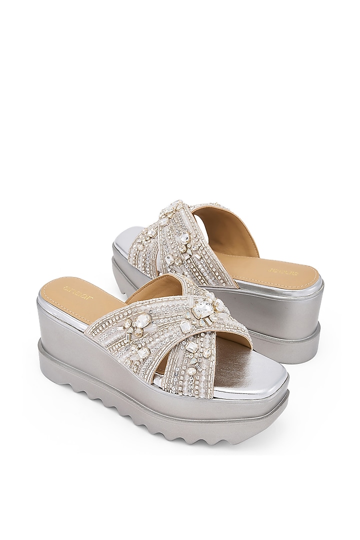 Silver Satin & Gajji Zardosi Hand Embroidered Wedges by Anaar at Pernia's Pop Up Shop