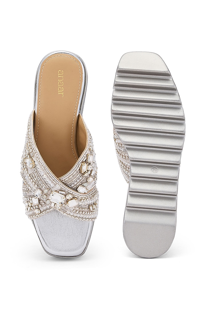 Silver Satin & Gajji Zardosi Hand Embroidered Wedges by Anaar at Pernia's Pop Up Shop