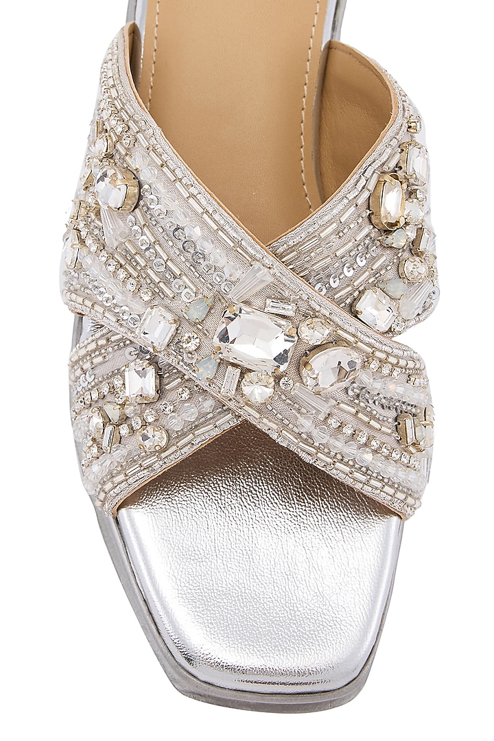 Silver Satin & Gajji Zardosi Hand Embroidered Wedges by Anaar at Pernia's Pop Up Shop