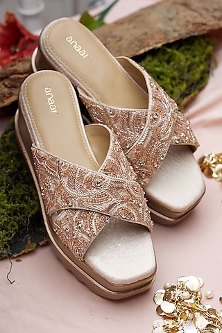 Rose Gold Foiled Milano Satin Salli Hand Embroidered Wedges by Anaar