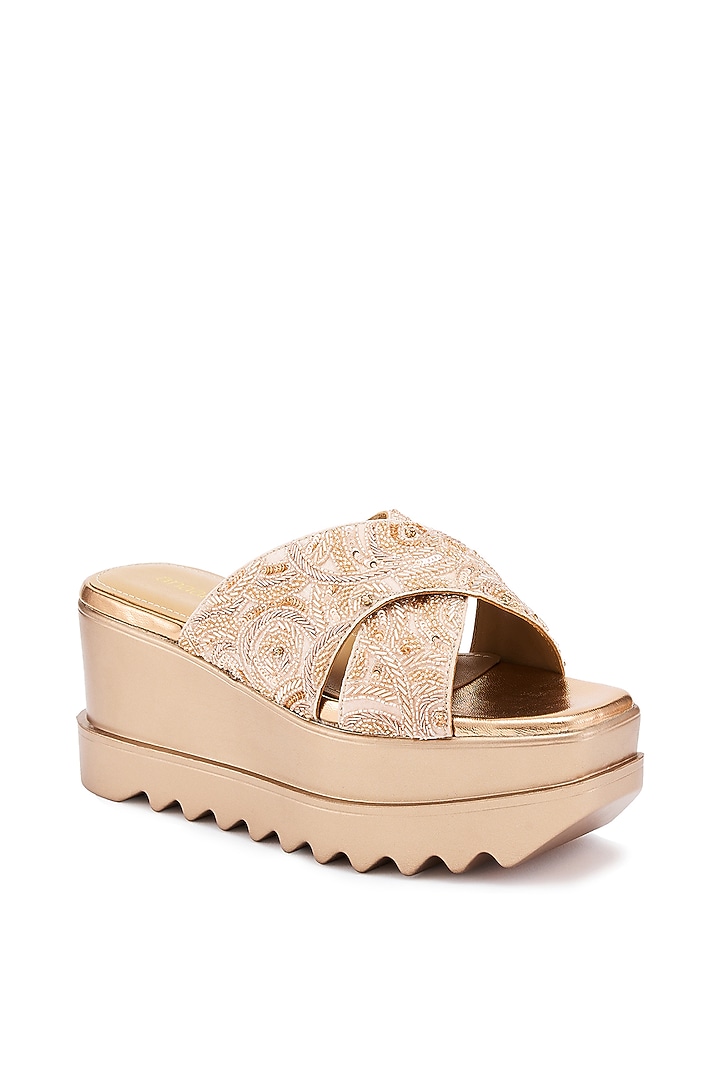 Rose Gold Foiled Milano Satin Salli Hand Embroidered Wedges by Anaar at Pernia's Pop Up Shop