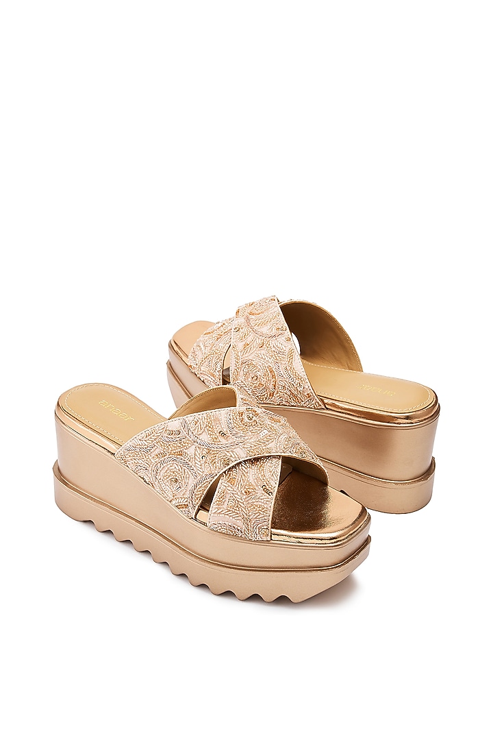 Rose Gold Foiled Milano Satin Salli Hand Embroidered Wedges by Anaar at Pernia's Pop Up Shop
